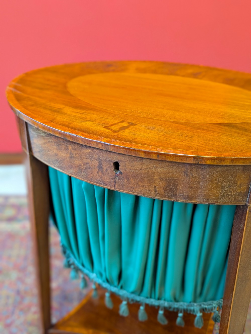 Antique Edwardian Mahogany Oval Sewing Table View VII