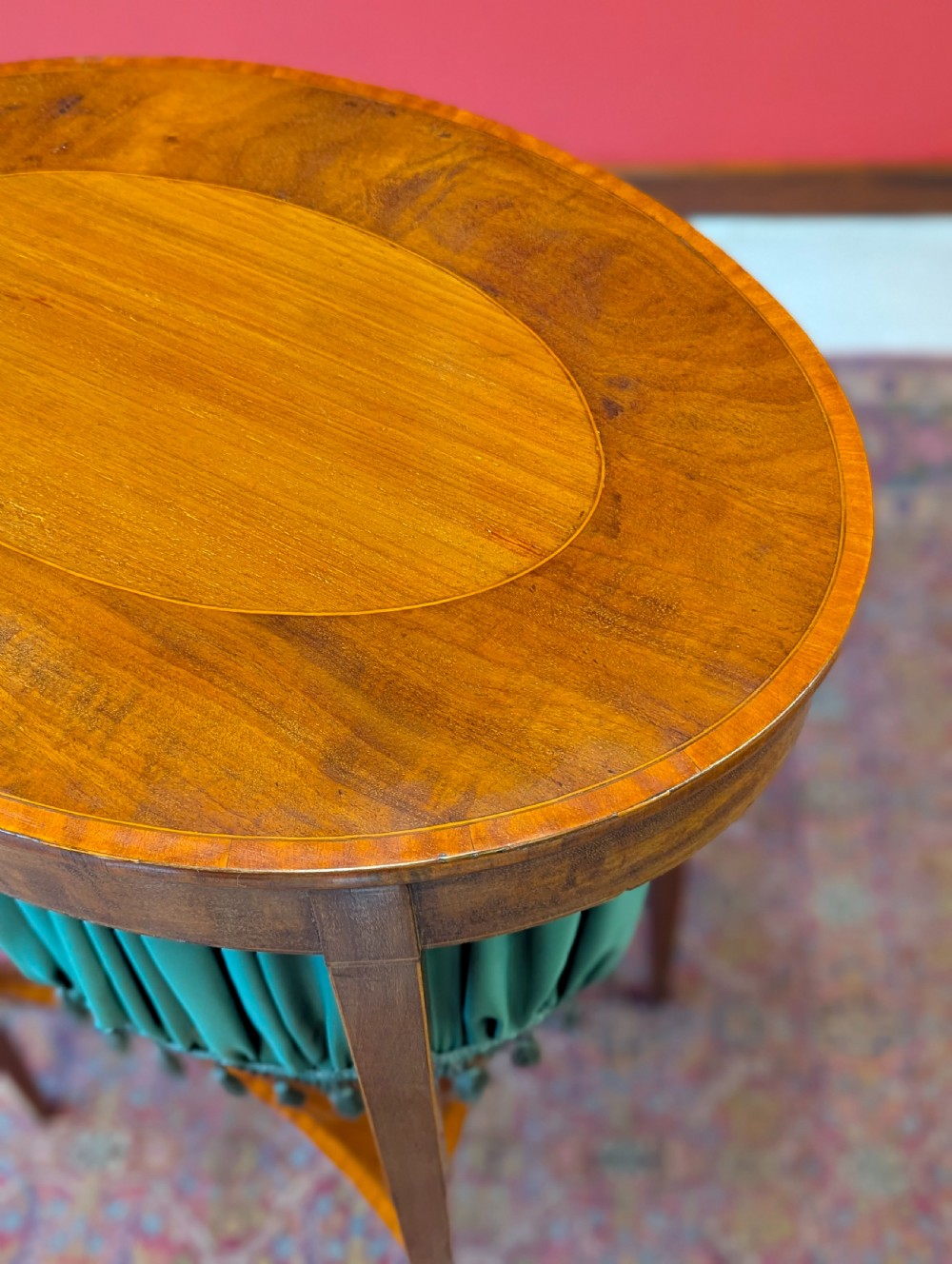 Antique Edwardian Mahogany Oval Sewing Table View IX