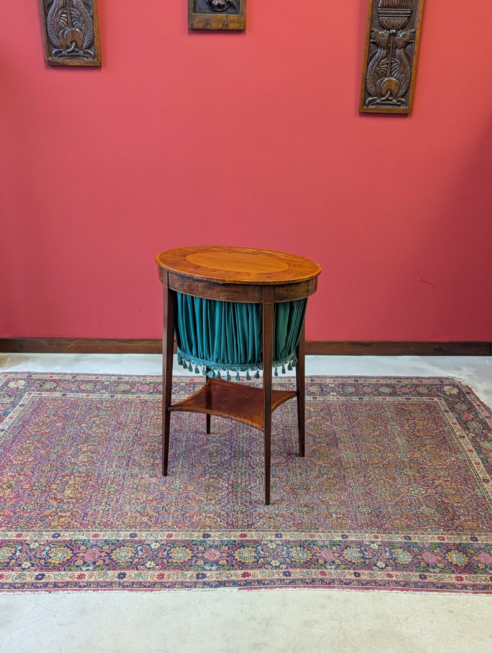 Antique Edwardian Mahogany Oval Sewing Table View X
