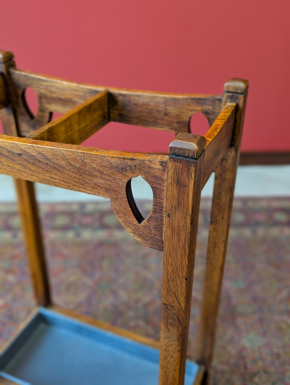 Antique Arts & Crafts Oak Stick Stand c.1900 View II