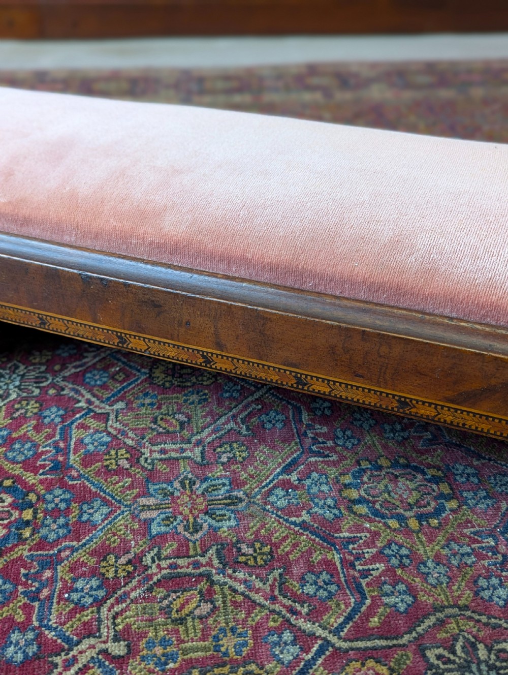 Antique Victorian Inlaid Mahogany Long Footstool c.1870 View IV