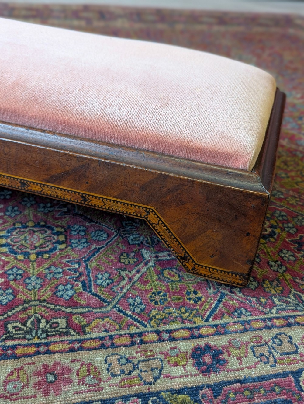 Antique Victorian Inlaid Mahogany Long Footstool c.1870 View V