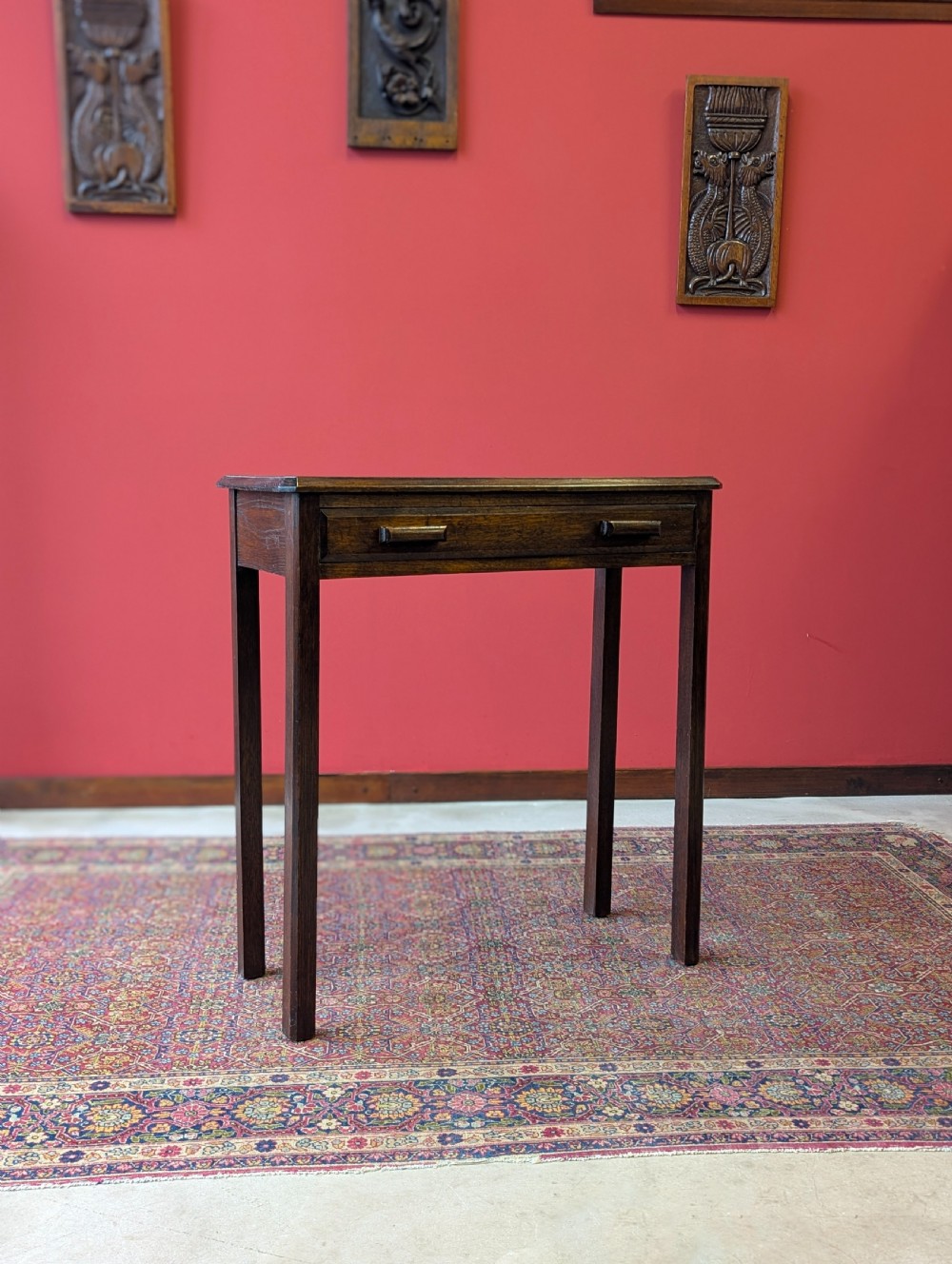 Antique Narrow Oak Side Table with Drawer c.1920 View V