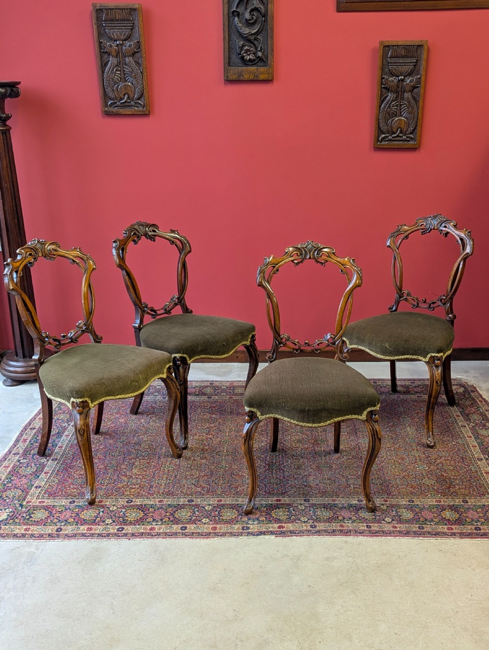 Antique Victorian Walnut Carved Balloon Back Chairs – Set of Four c.1870