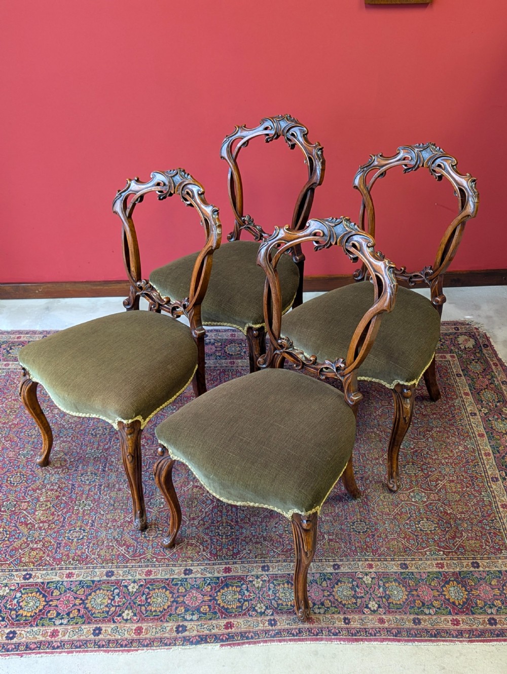 Antique Victorian Walnut Carved Balloon Back Chairs – Set of Four c.1870 View IV