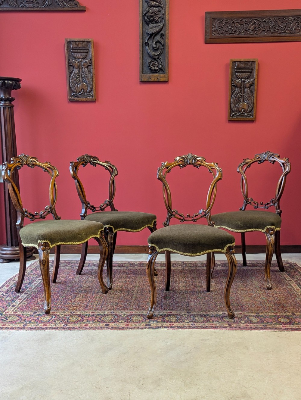 Antique Victorian Walnut Carved Balloon Back Chairs – Set of Four c.1870 View X
