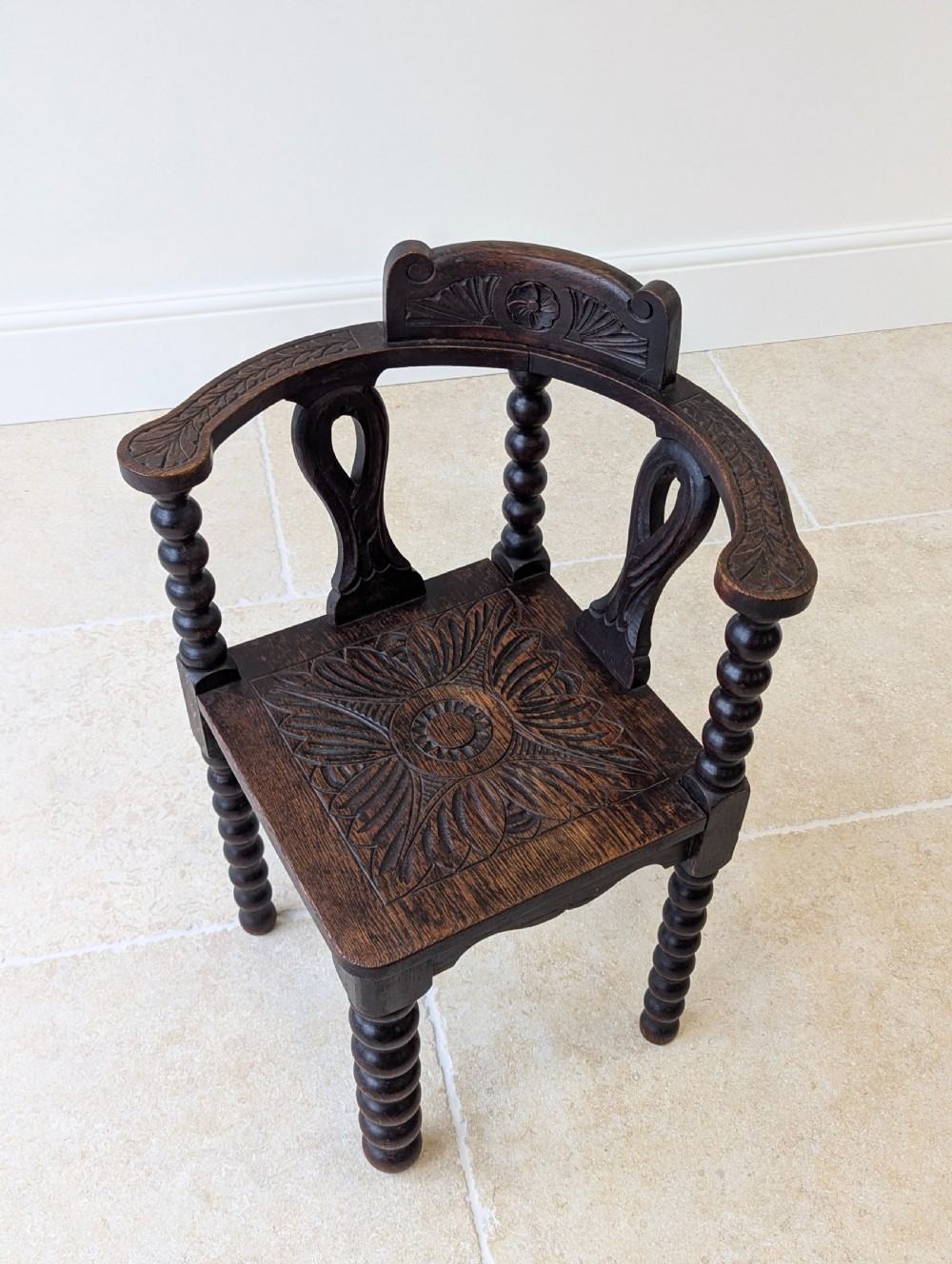 Antique Victorian Carved Oak Bobbin Corner Chair c.1890 View III