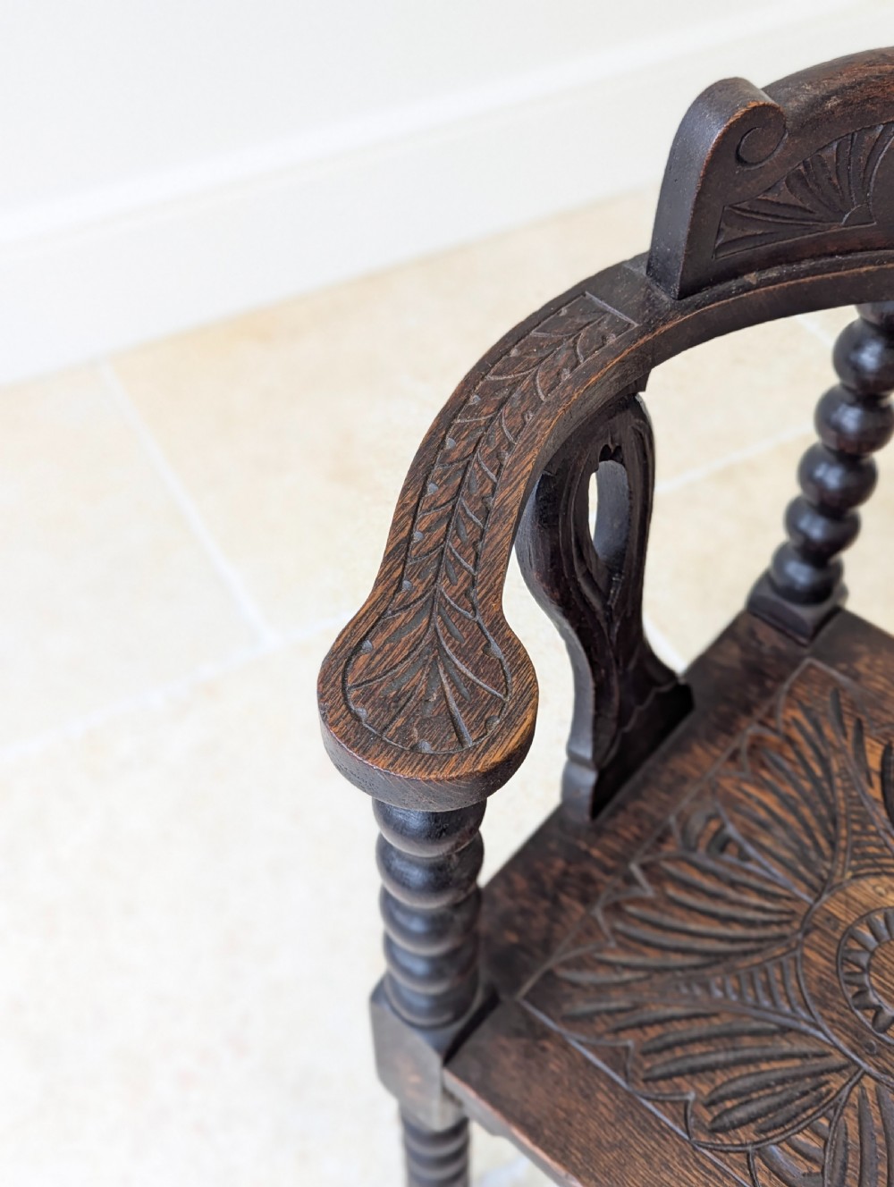 Antique Victorian Carved Oak Bobbin Corner Chair c.1890 View VII