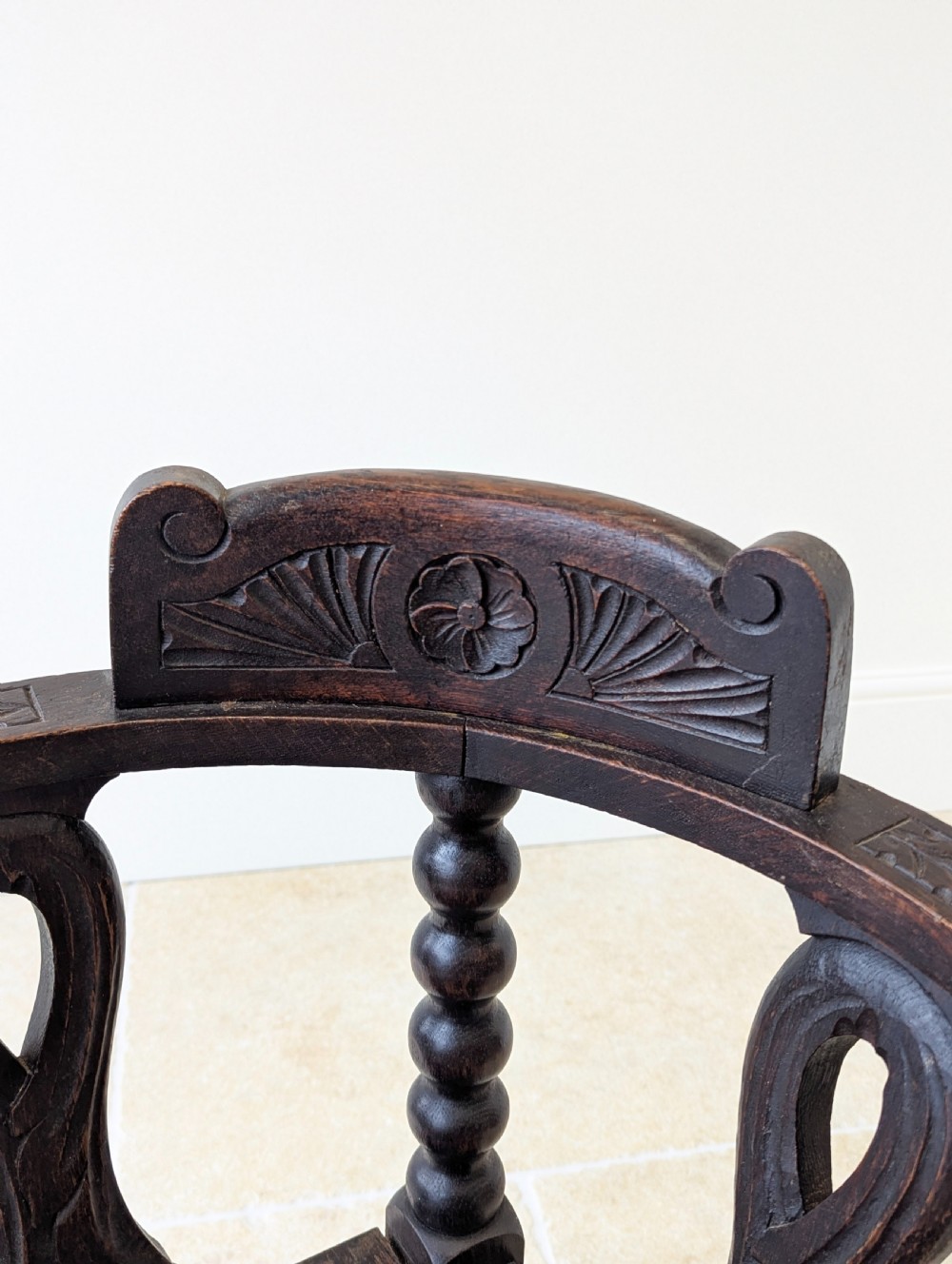 Antique Victorian Carved Oak Bobbin Corner Chair c.1890 View IX