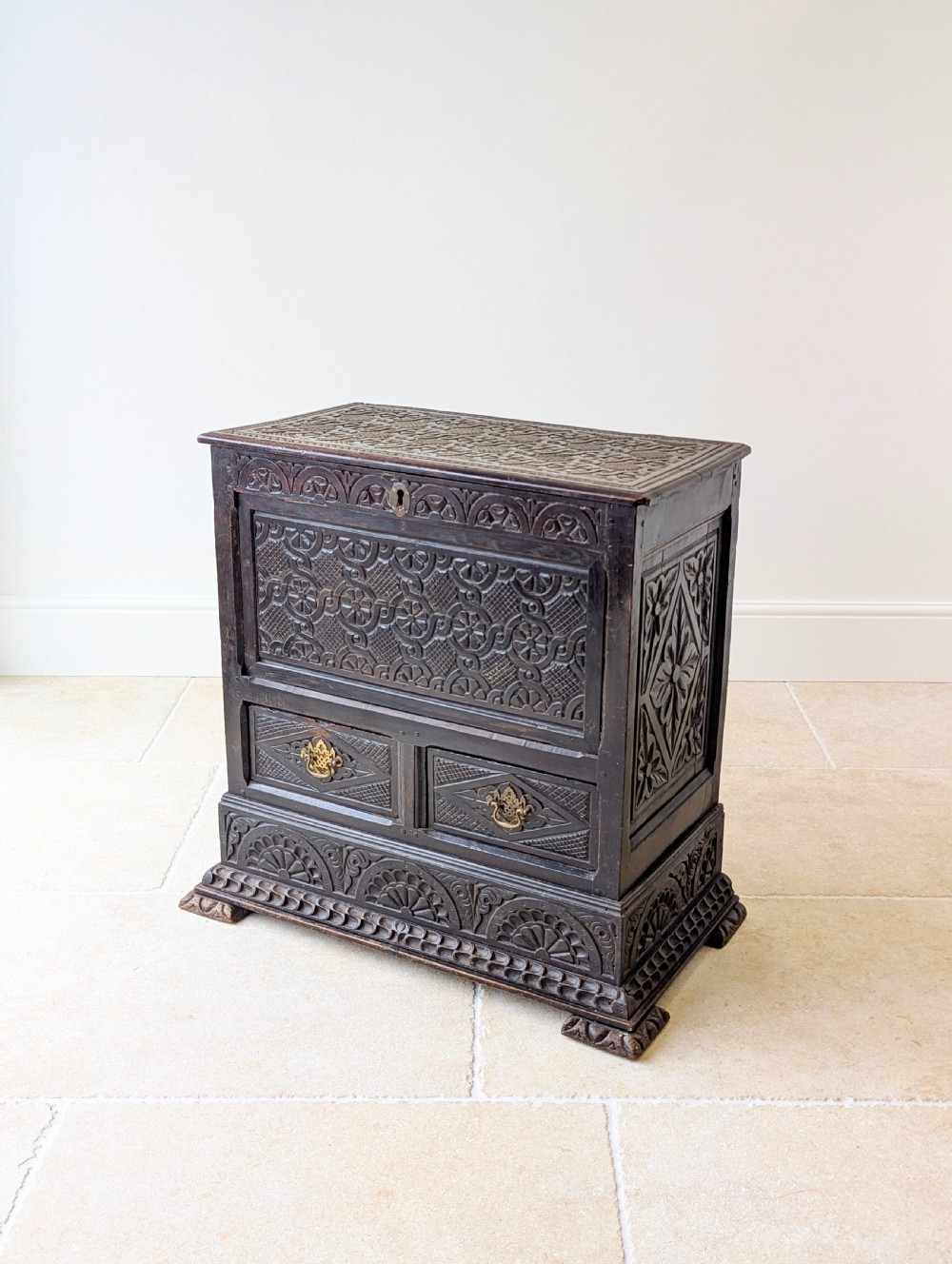 Antique Late 17th Century Carved Oak Mule Chest c.1680