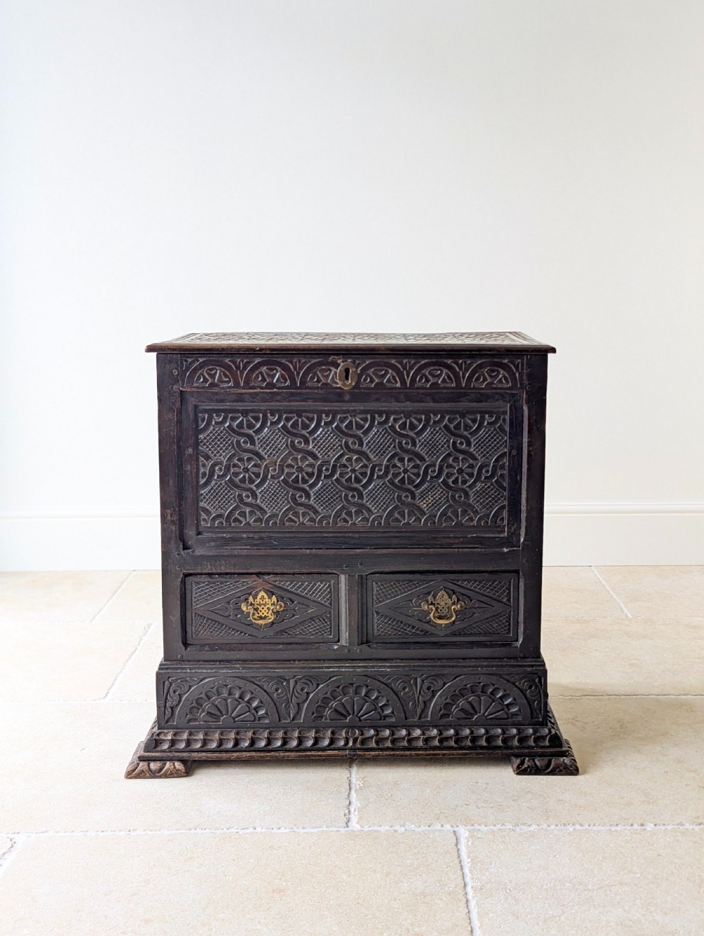 Antique Late 17th Century Carved Oak Mule Chest c.1680 View II