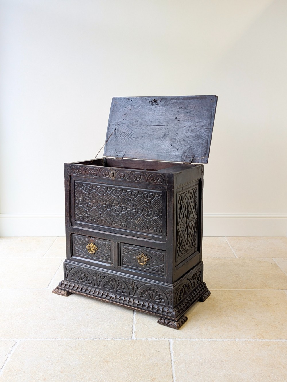 Antique Late 17th Century Carved Oak Mule Chest c.1680 View III