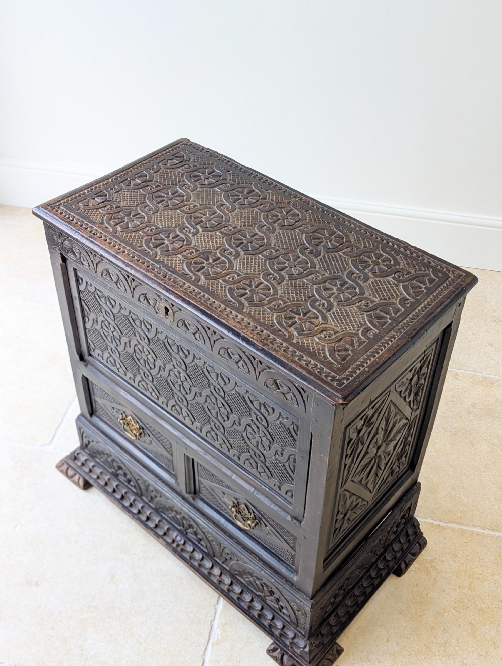Antique Late 17th Century Carved Oak Mule Chest c.1680 View V
