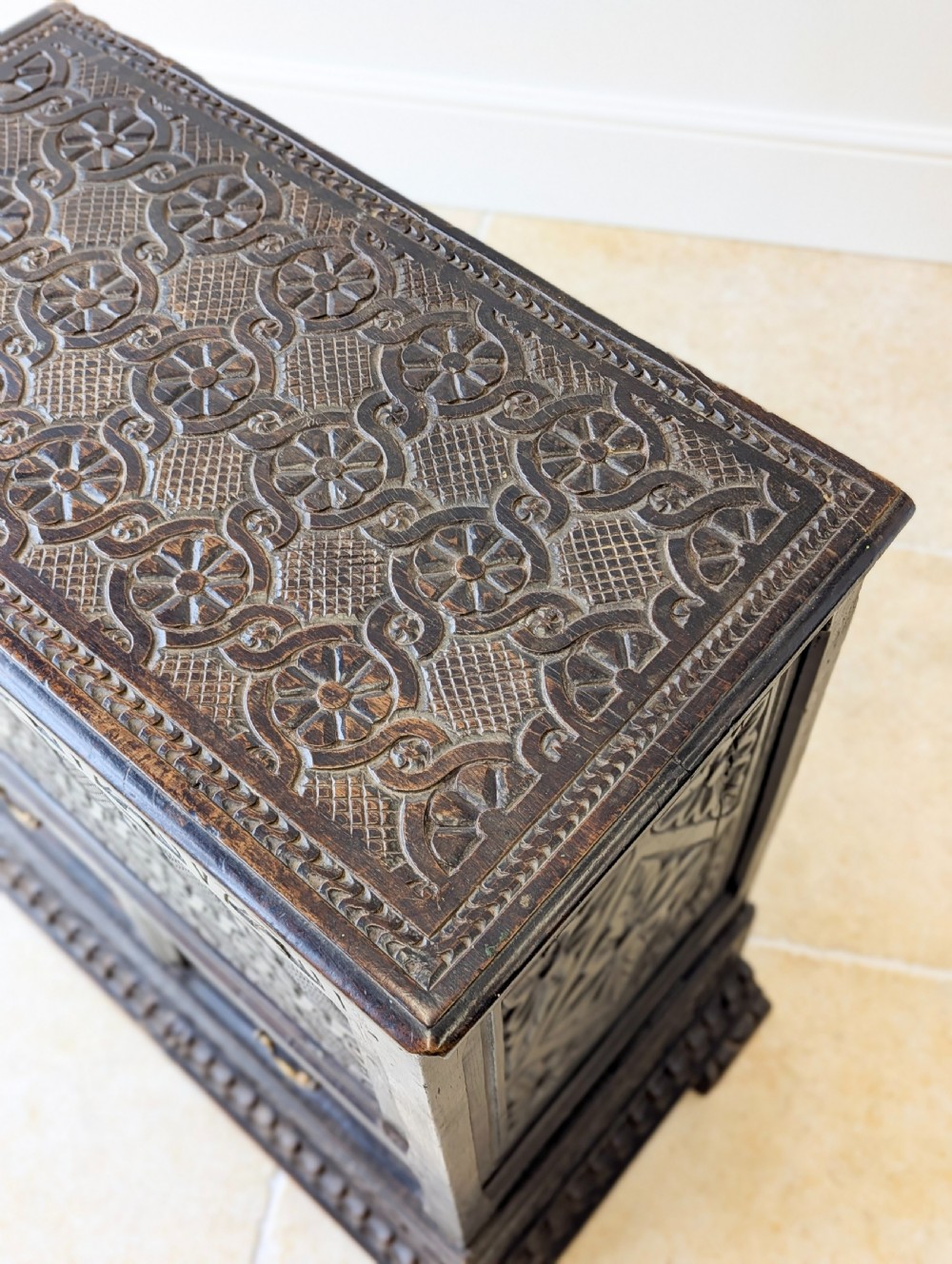 Antique Late 17th Century Carved Oak Mule Chest c.1680 View X