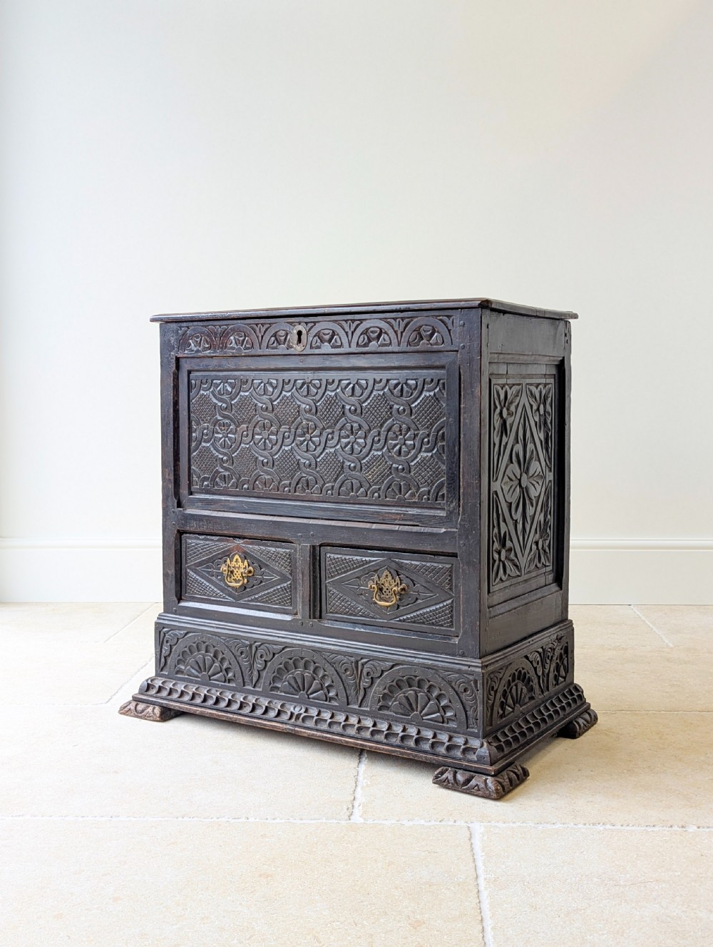 Antique Late 17th Century Carved Oak Mule Chest c.1680 View XII