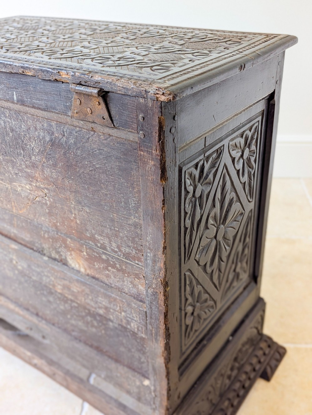 Antique Late 17th Century Carved Oak Mule Chest c.1680 View XIII