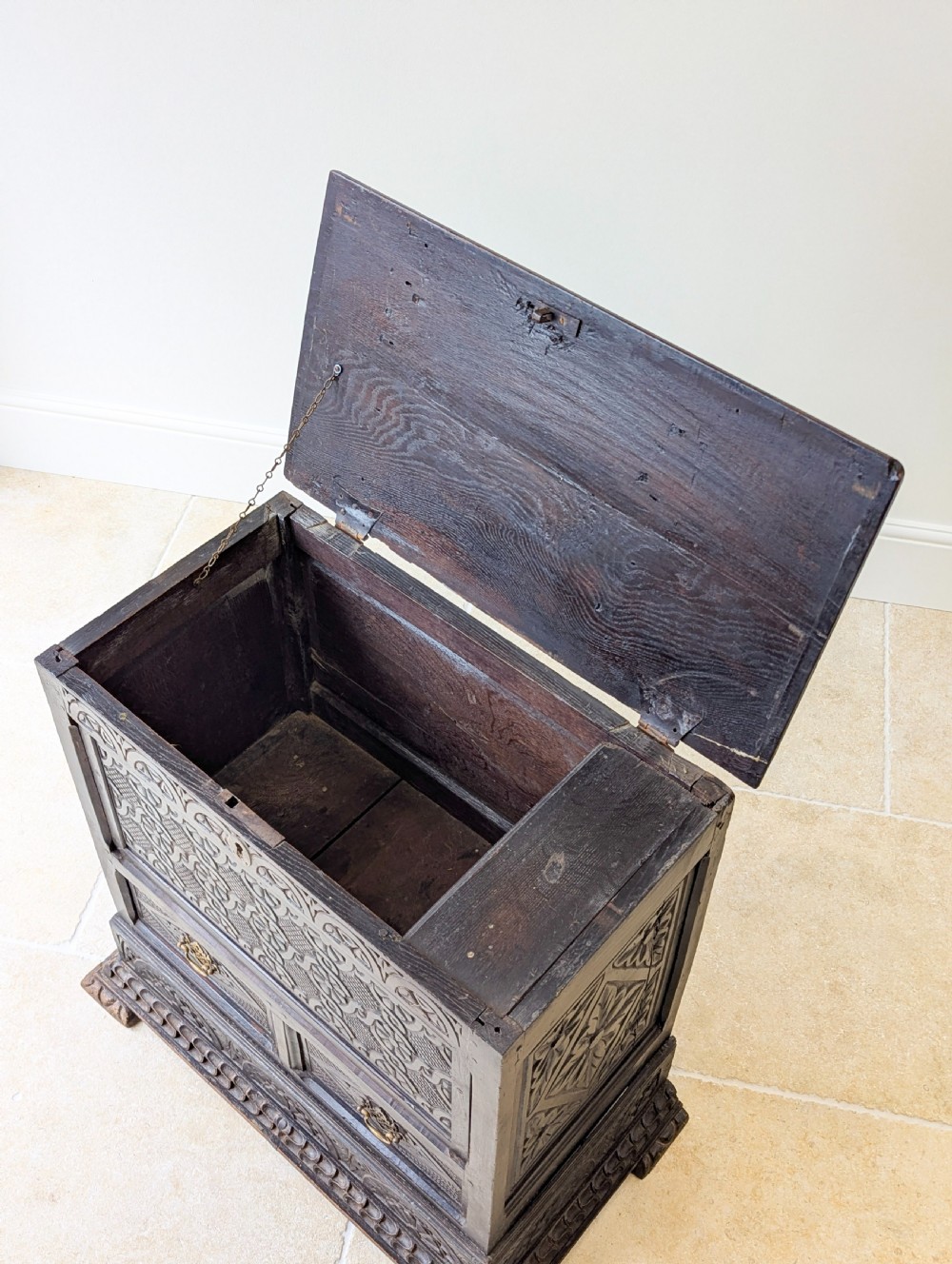 Antique Late 17th Century Carved Oak Mule Chest c.1680 View XIV