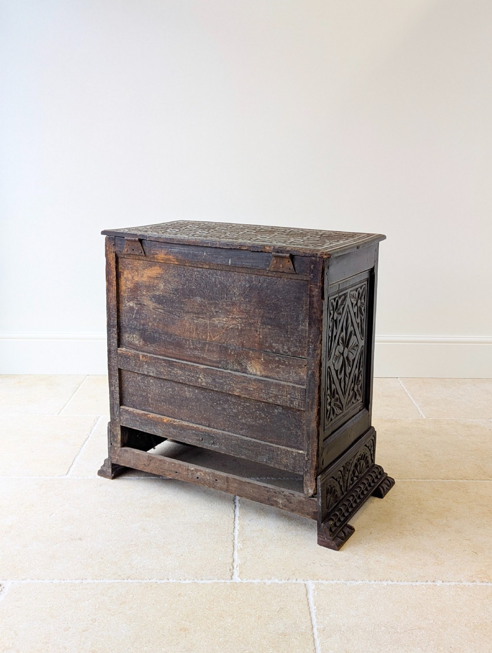 Antique Late 17th Century Carved Oak Mule Chest c.1680 View XVI