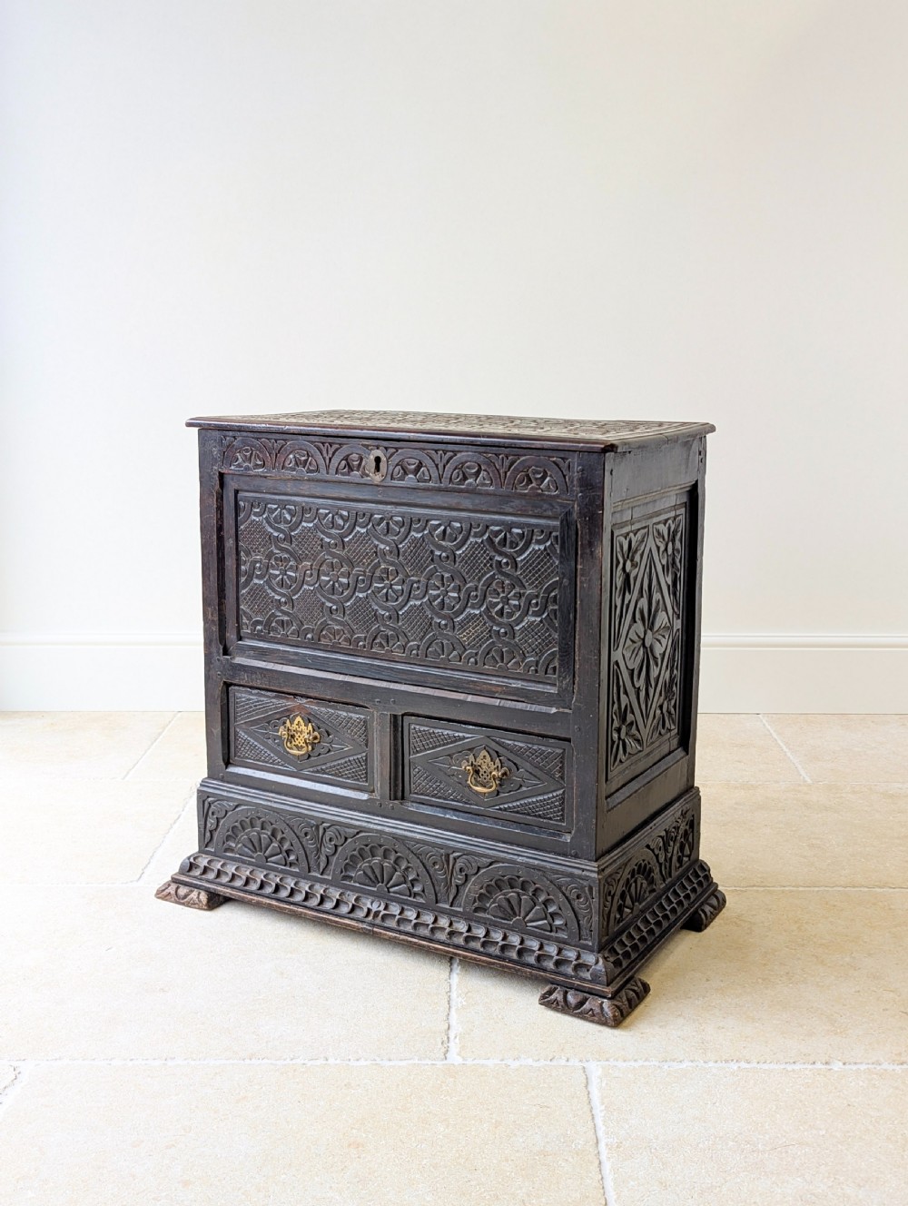 Antique Late 17th Century Carved Oak Mule Chest c.1680 View XVII
