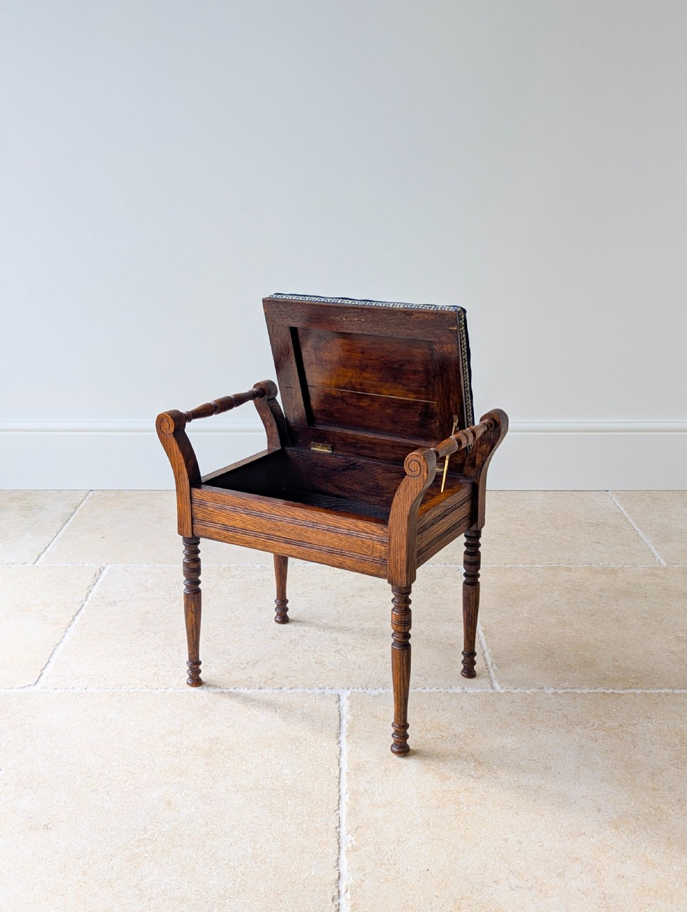 Antique Victorian Golden Oak Piano Stool with Storage c.1890 View IV
