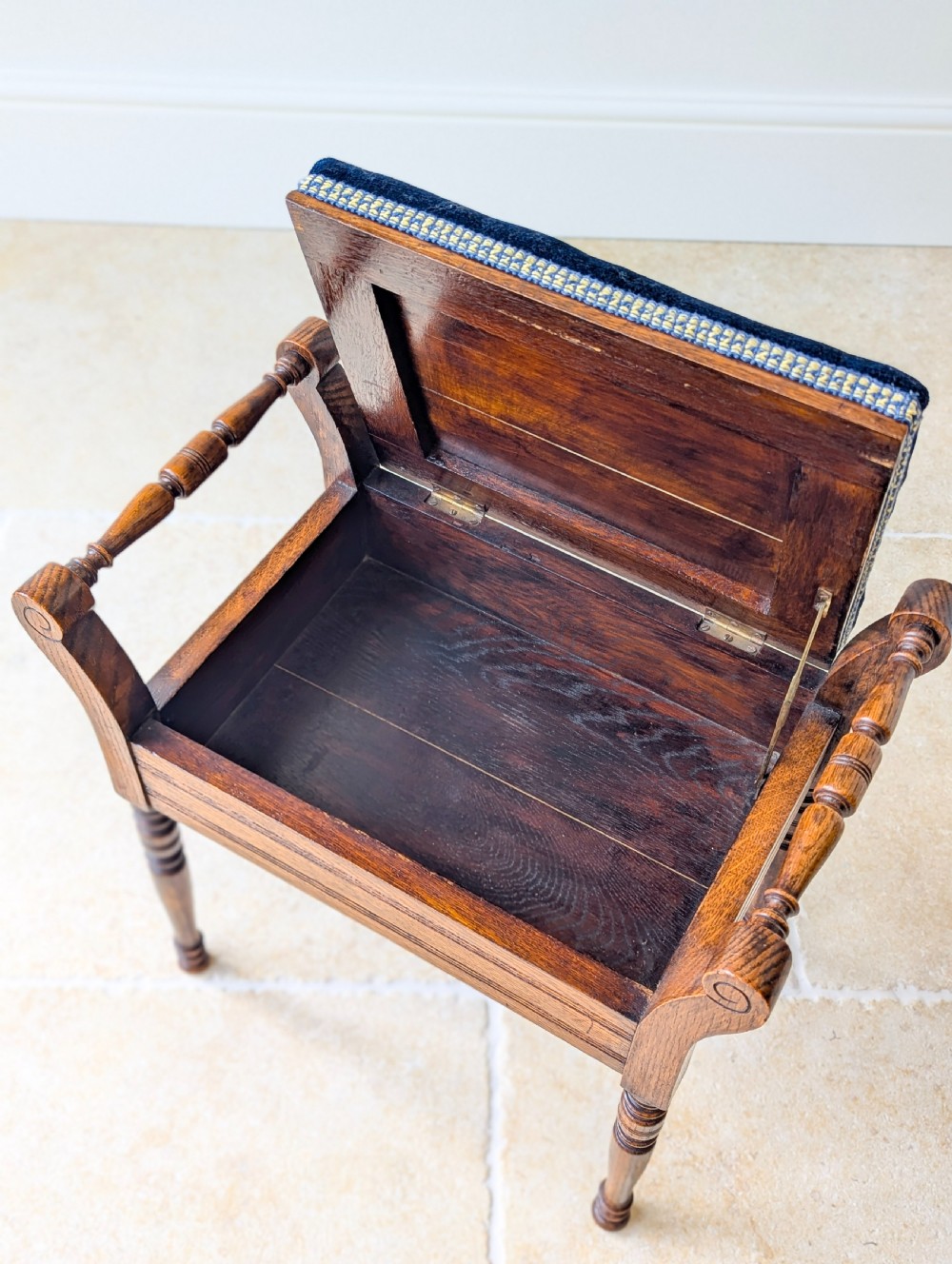 Antique Victorian Golden Oak Piano Stool with Storage c.1890 View VIII