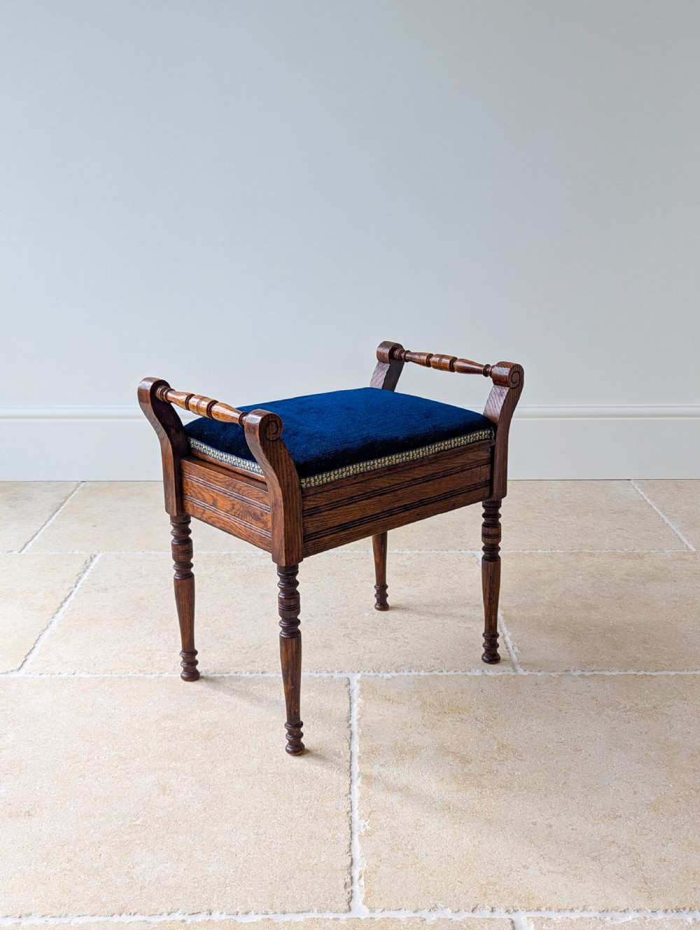 Antique Victorian Golden Oak Piano Stool with Storage c.1890 View III