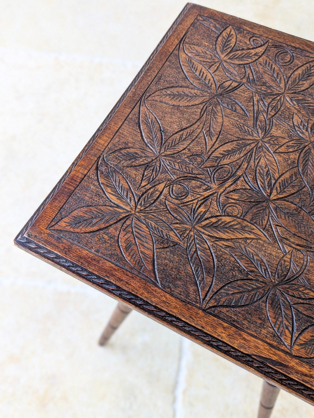 Antique Arts & Crafts Carved Oak Occasional Table c.1900 View IV