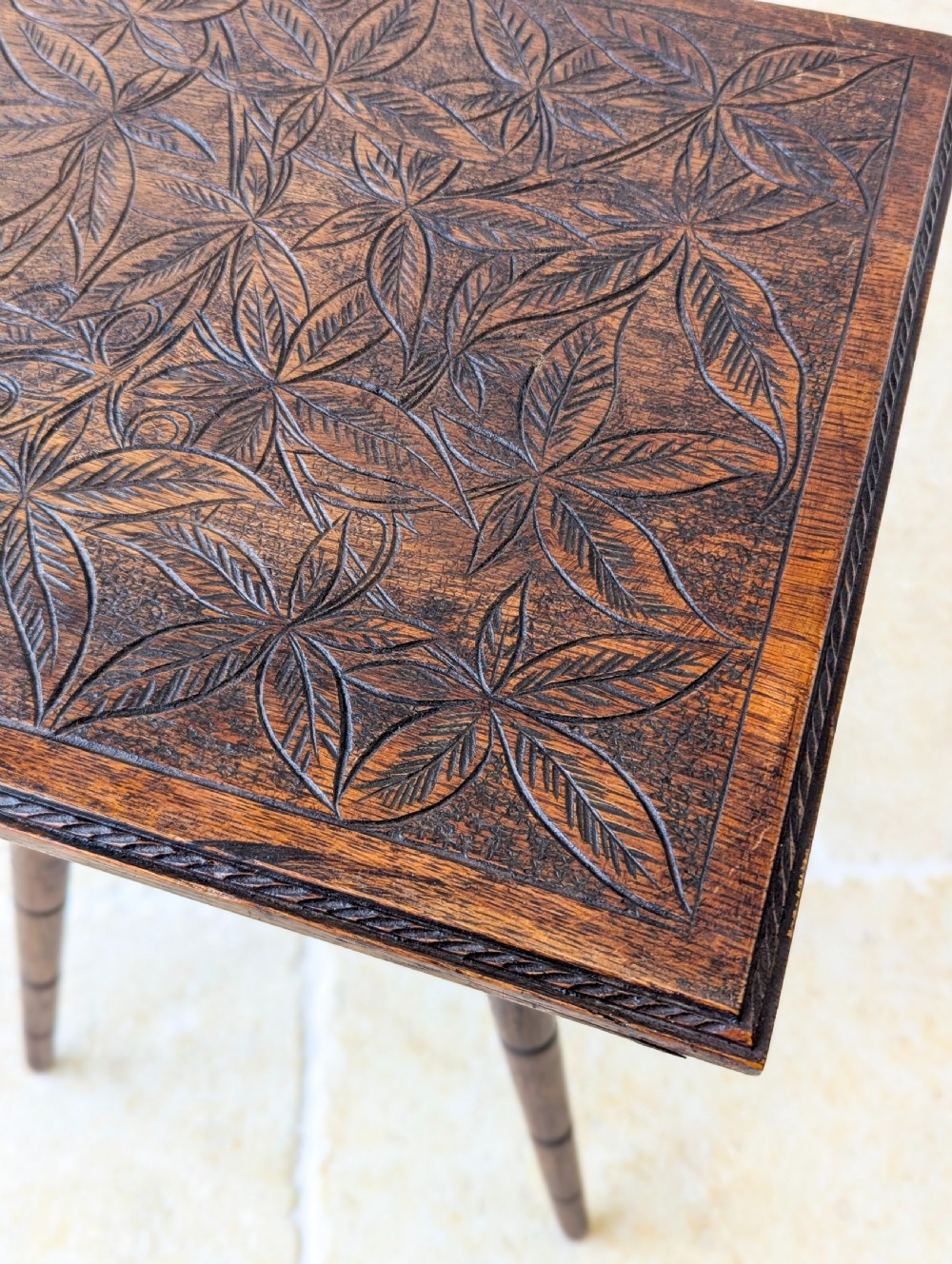 Antique Arts & Crafts Carved Oak Occasional Table c.1900 View VI