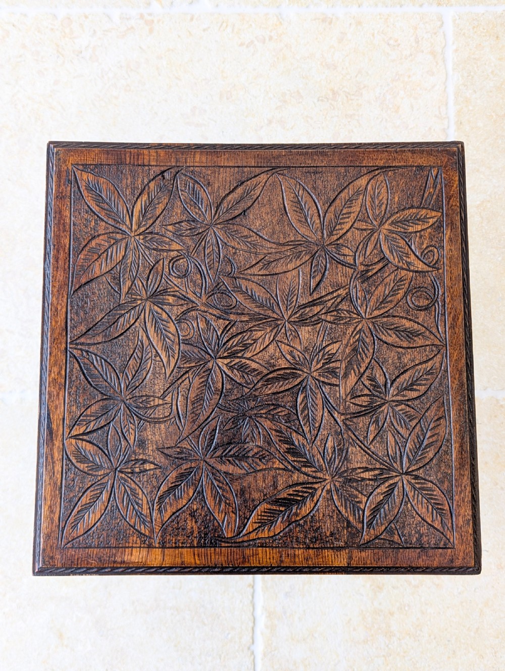 Antique Arts & Crafts Carved Oak Occasional Table c.1900 View XII
