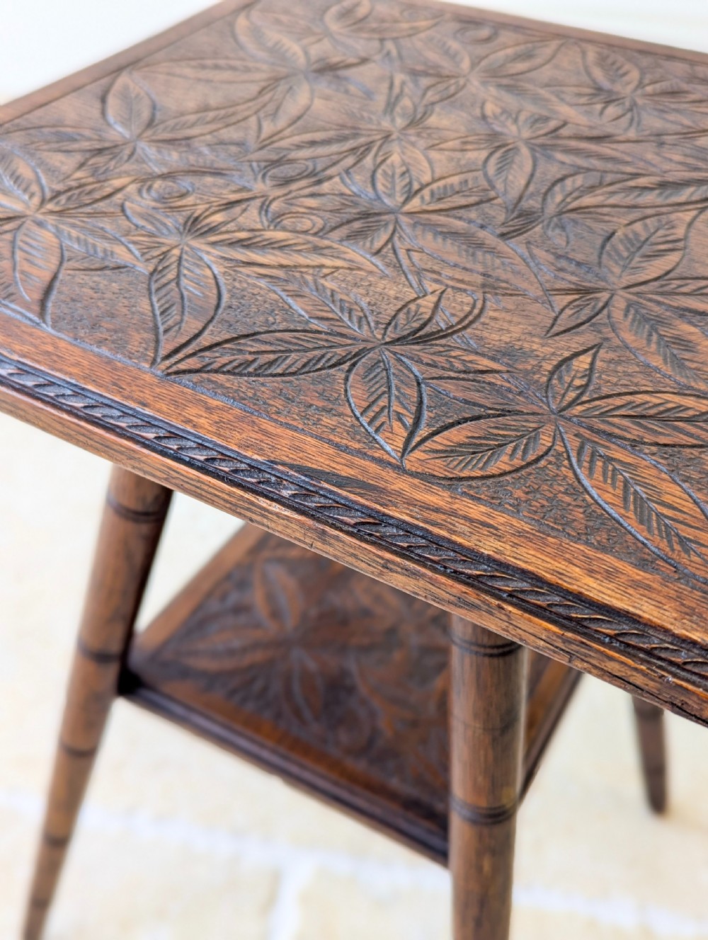 Antique Arts & Crafts Carved Oak Occasional Table c.1900 View XIII