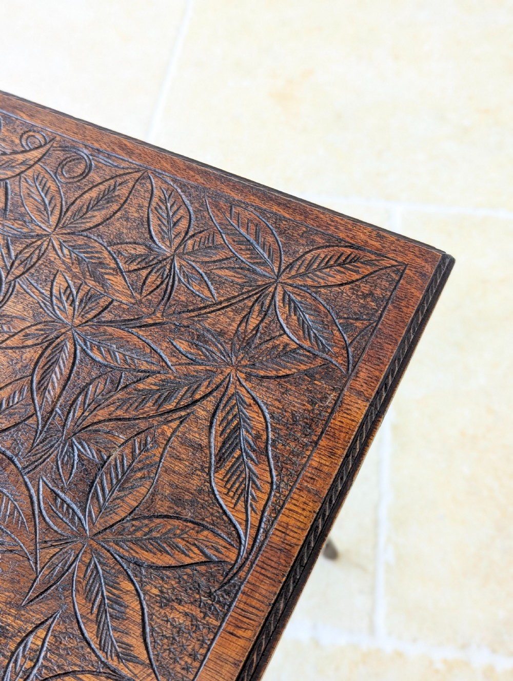 Antique Arts & Crafts Carved Oak Occasional Table c.1900 View XIV