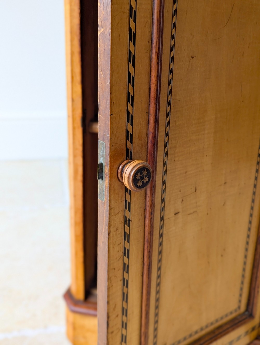 Antique Aesthetic Movement Satin Birch and Walnut Bedside Cabinet c.1890 View X