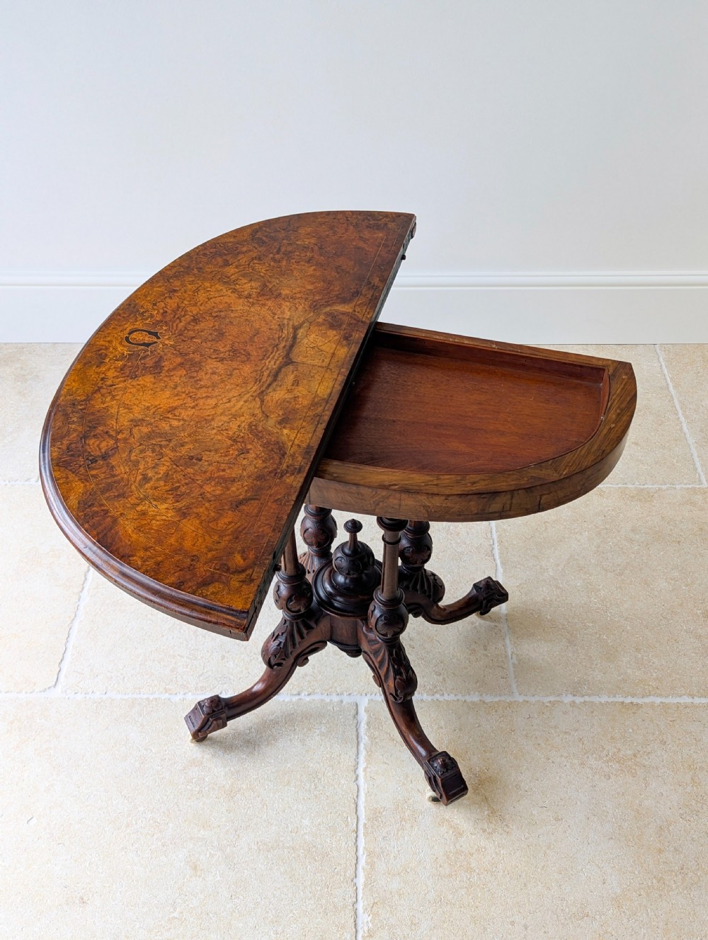Antique Victorian Burr Walnut Card Table c.1870 View XIII
