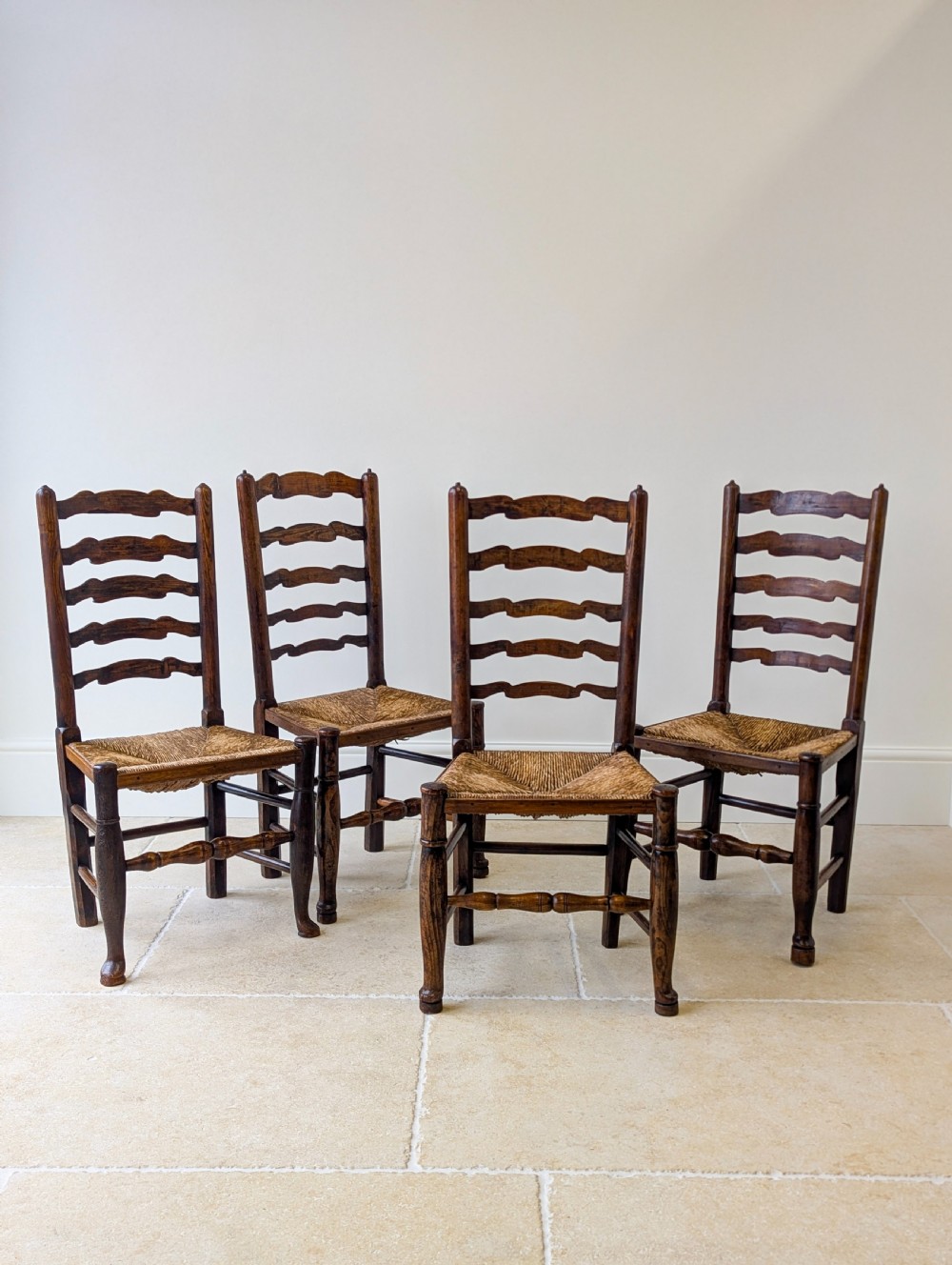 Set of Four Antique Georgian Oak Ladderback Dining Chairs c.1800 View II