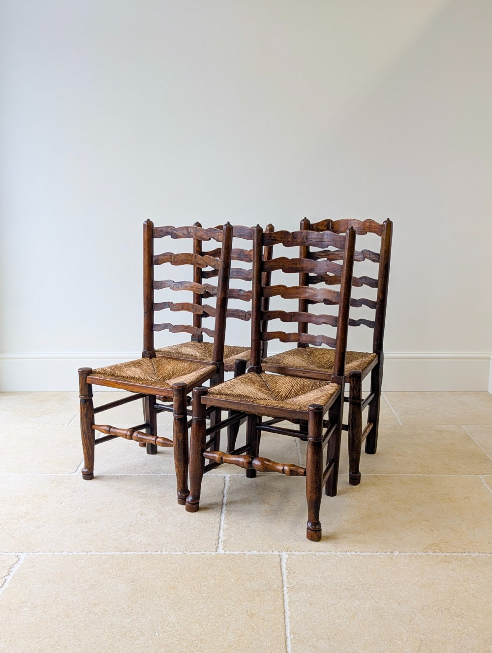 Set of Four Antique Georgian Oak Ladderback Dining Chairs c.1800 View III