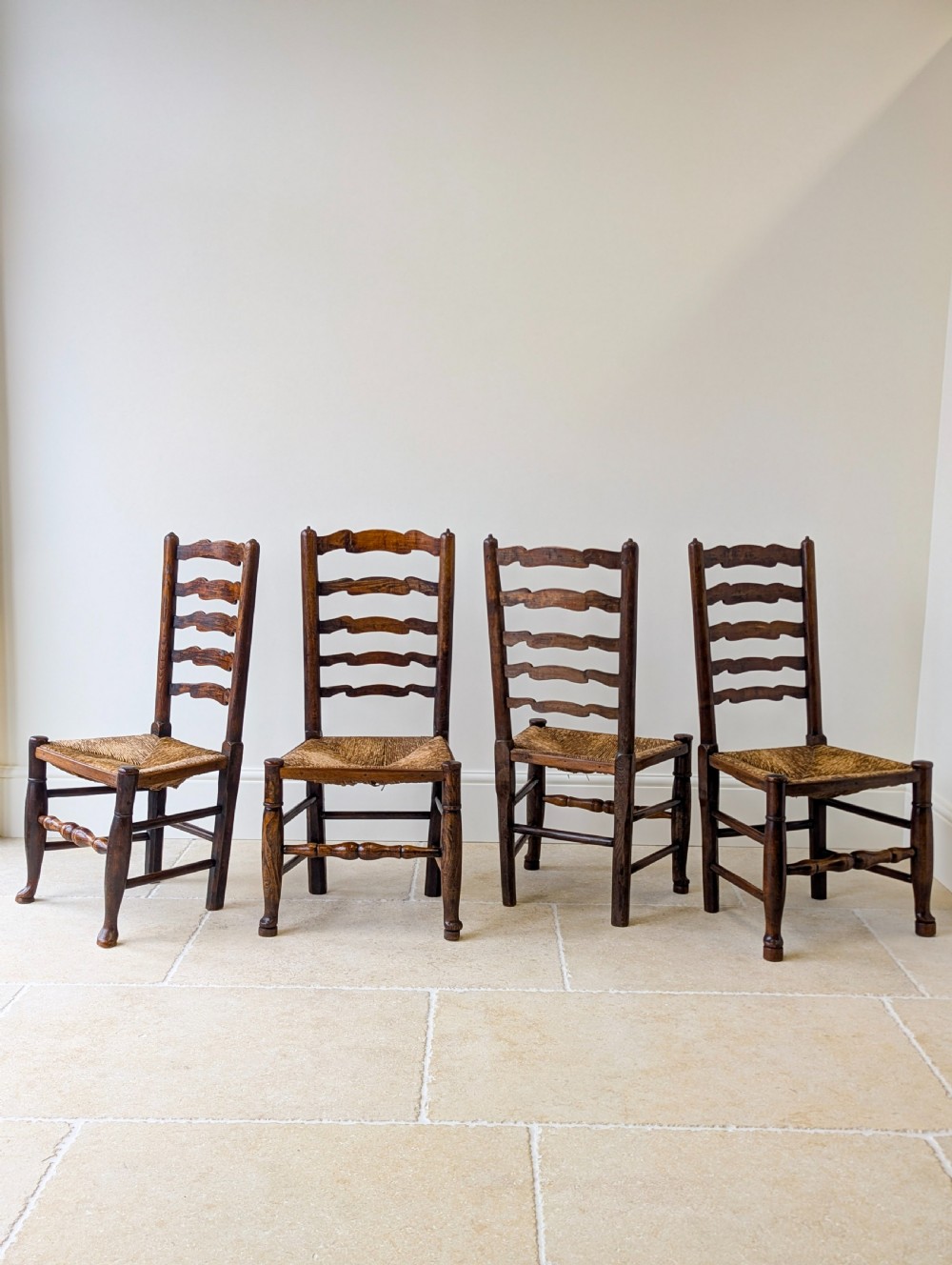 Set of Four Antique Georgian Oak Ladderback Dining Chairs c.1800 View V