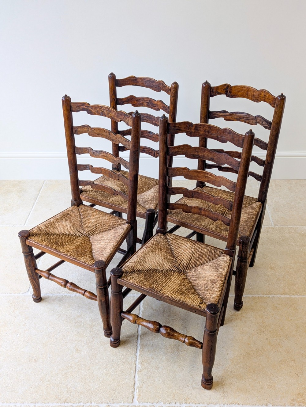 Set of Four Antique Georgian Oak Ladderback Dining Chairs c.1800 View VI