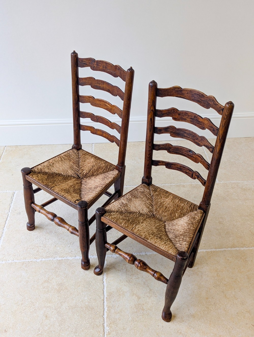 Set of Four Antique Georgian Oak Ladderback Dining Chairs c.1800 View X