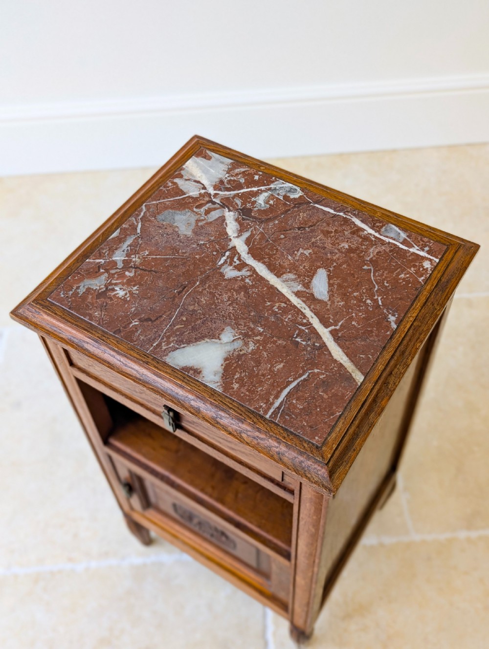 Antique French Oak Bedside Cabinet with Marble Top c.1900 View II