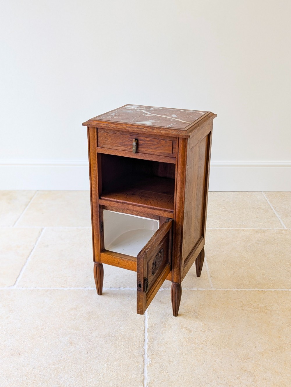 Antique French Oak Bedside Cabinet with Marble Top c.1900 View III