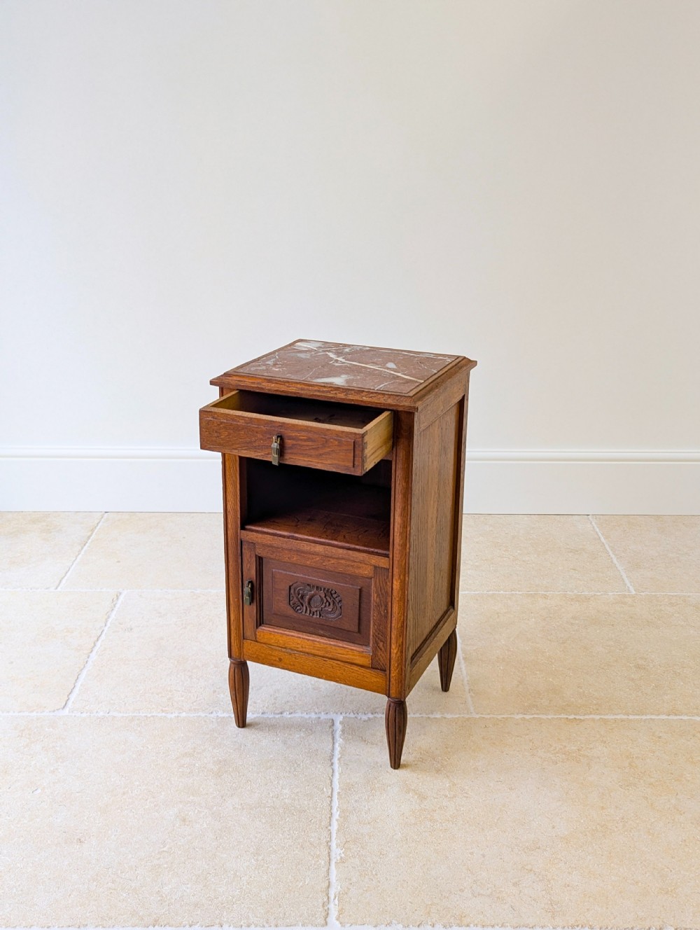 Antique French Oak Bedside Cabinet with Marble Top c.1900 View IV