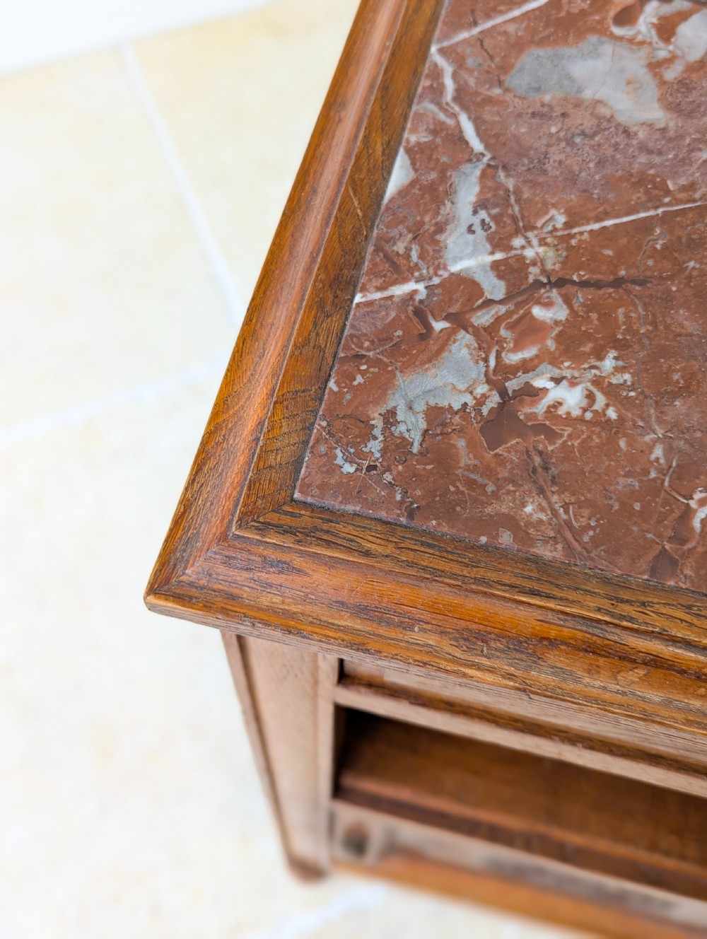 Antique French Oak Bedside Cabinet with Marble Top c.1900 View IX