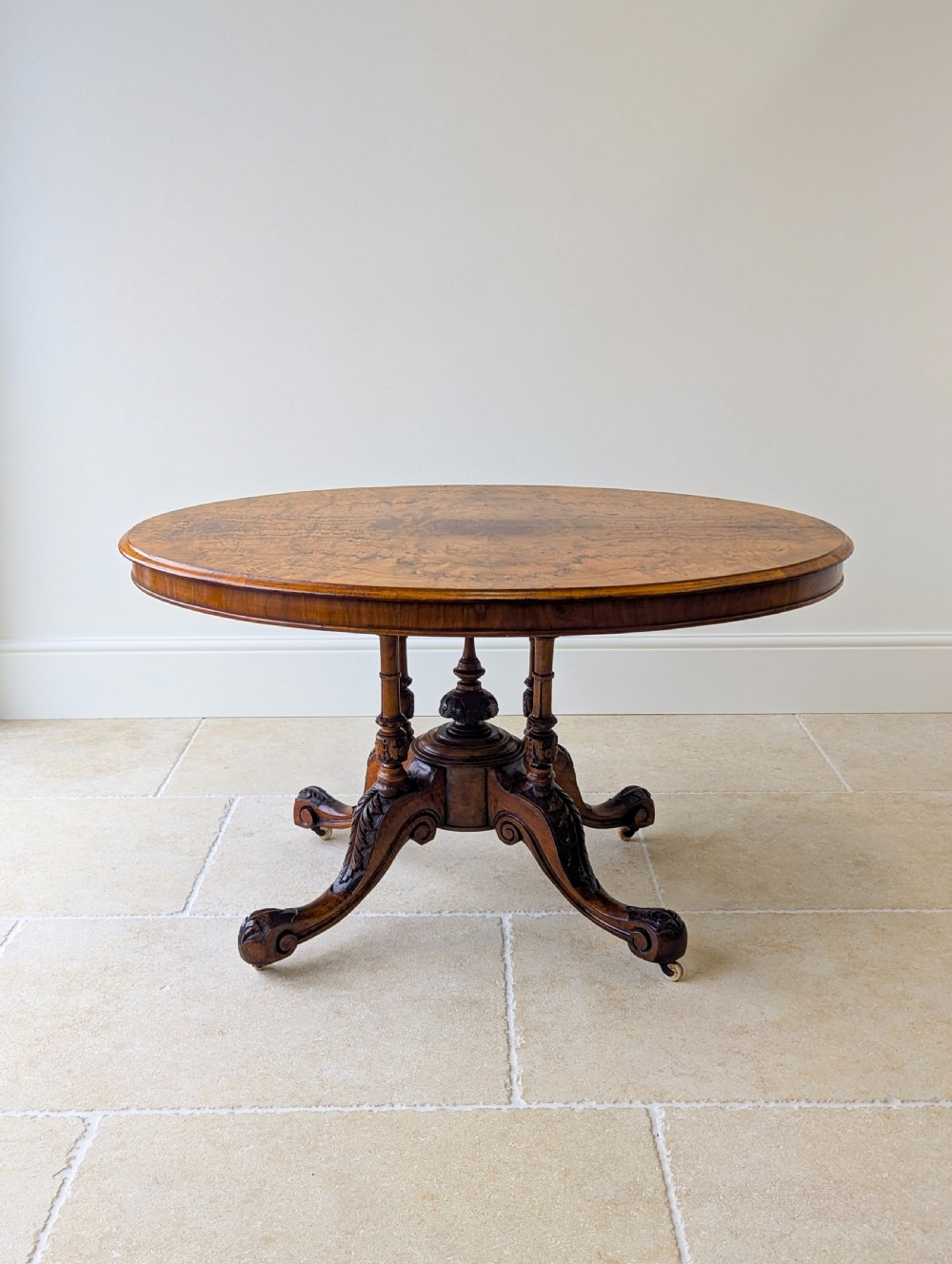 Antique Victorian Burr Walnut Tilt-Top Centre Table c.1860 View II
