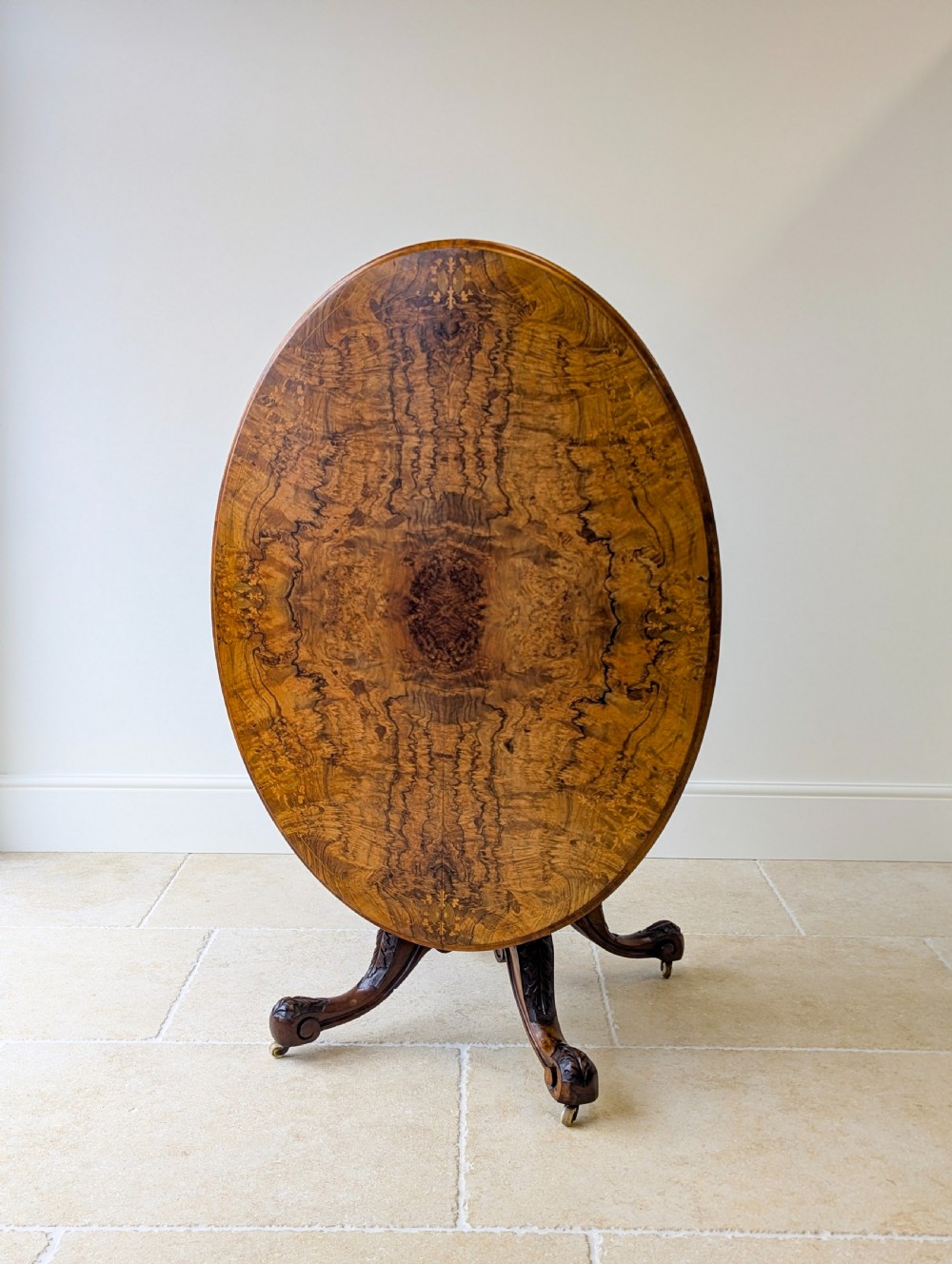 Antique Victorian Burr Walnut Tilt-Top Centre Table c.1860 View VIII