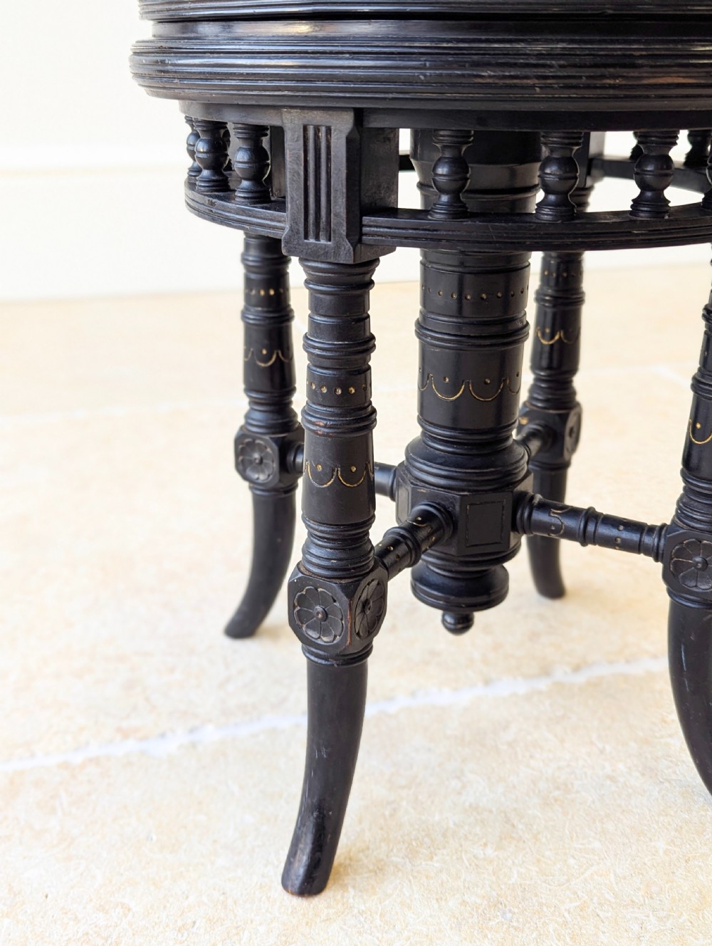 Antique Victorian Ebonised Aesthetic Movement Adjustable Piano Stool c.1880 View II