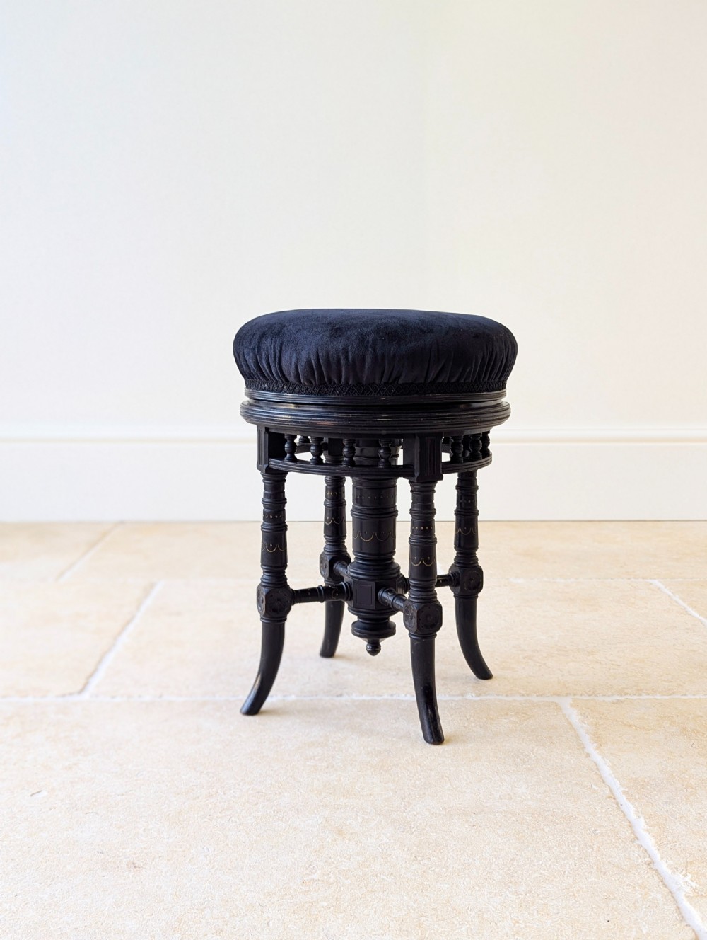 Antique Victorian Ebonised Aesthetic Movement Adjustable Piano Stool c.1880 View III