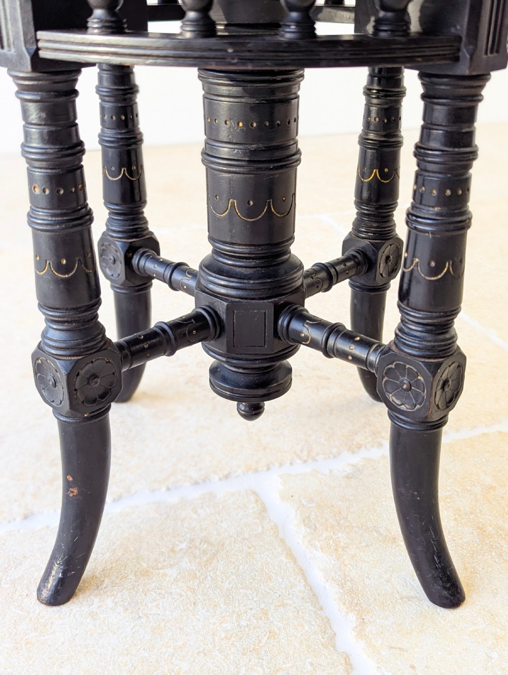 Antique Victorian Ebonised Aesthetic Movement Adjustable Piano Stool c.1880 View V