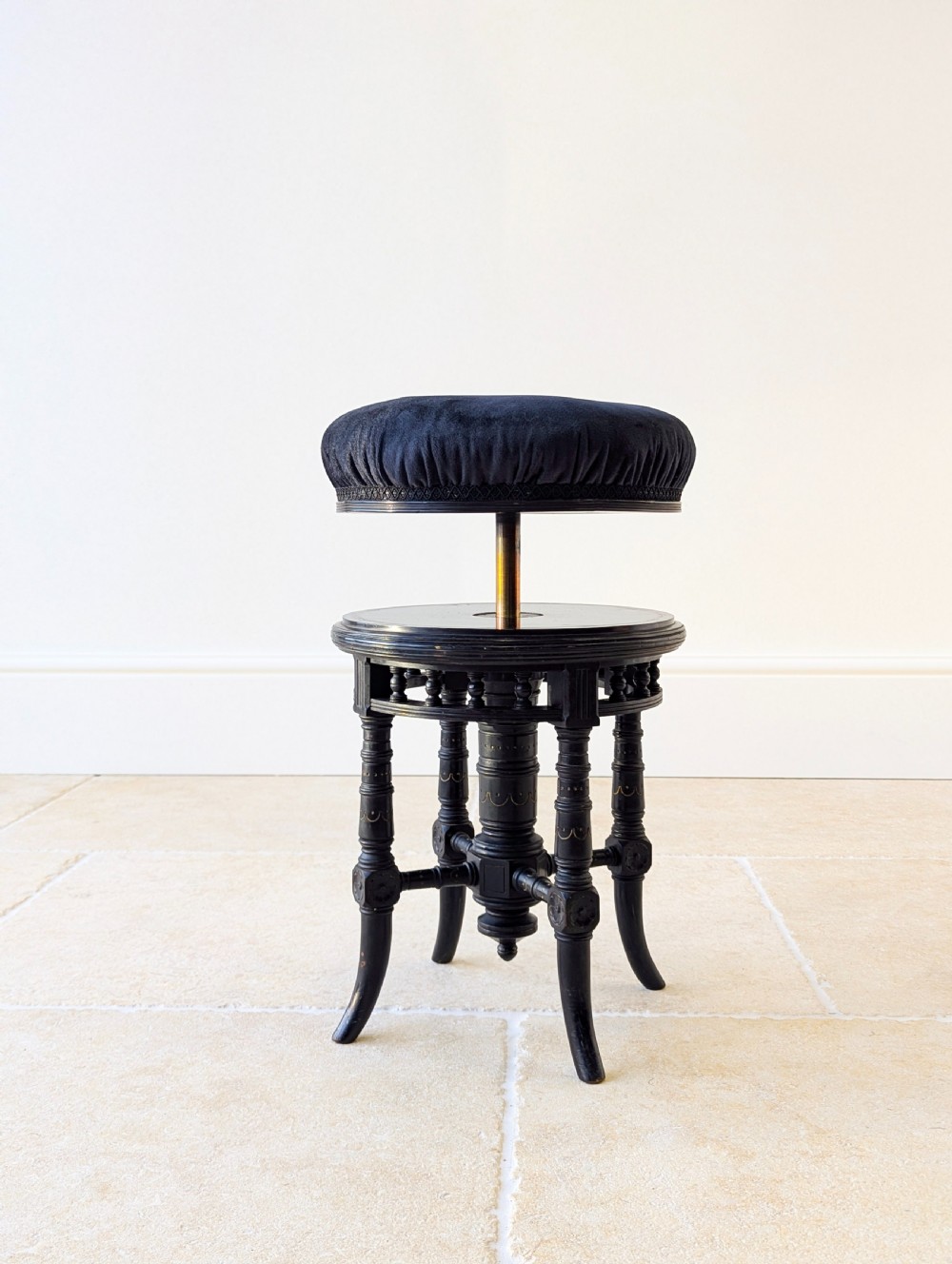 Antique Victorian Ebonised Aesthetic Movement Adjustable Piano Stool c.1880 View VI