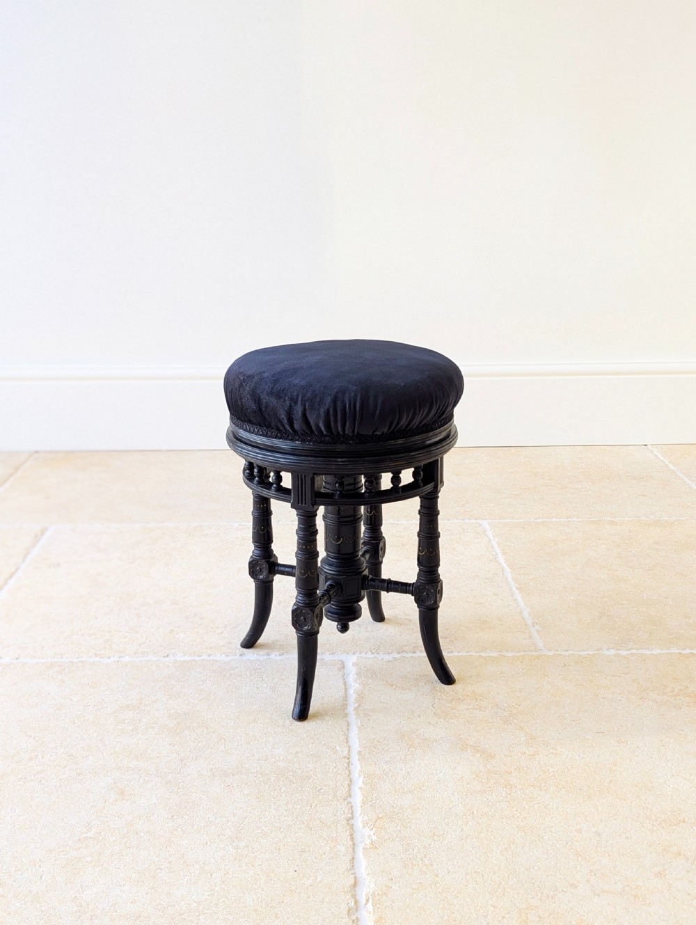 Antique Victorian Ebonised Aesthetic Movement Adjustable Piano Stool c.1880 View IX