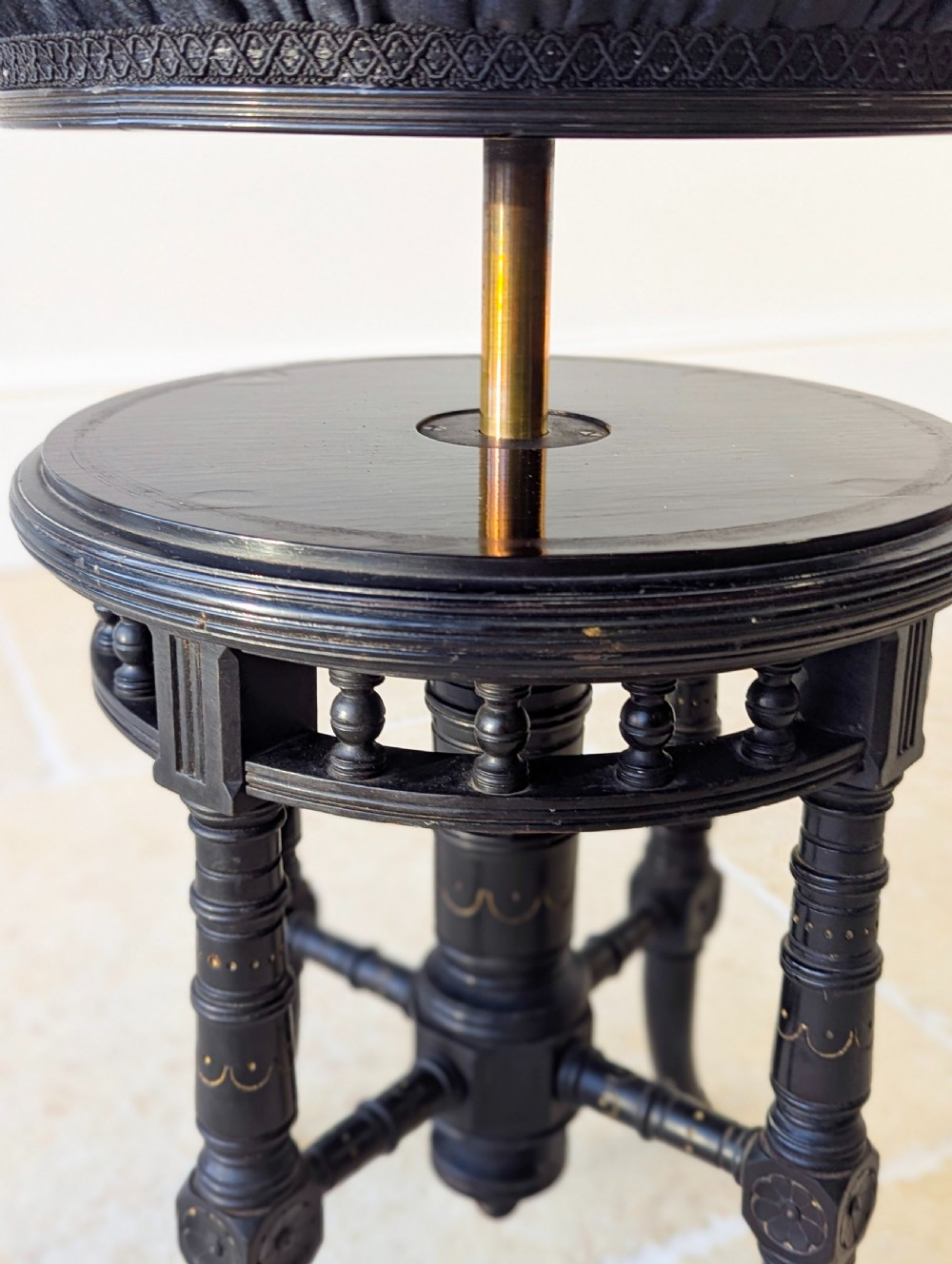 Antique Victorian Ebonised Aesthetic Movement Adjustable Piano Stool c.1880 View X